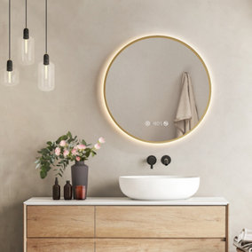 EMKE Bathroom Mirror with Led Lights, 600mm Illuminated Backlit Gold border Mirror with Demister, Touch, Dimmable, Clock