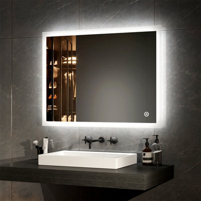EMKE Bathroom Mirror with Shaver Socket, Wall Mounted LED Mirror with Extra Fuse, Dimmable & Demister, 600x800mm