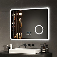 EMKE Bluetooth Bathroom Mirror with LED Lights 800 x 600mm, Bathroom Mirror with Demister, Dimming, 3x Magnifier