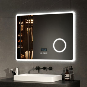 EMKE Bluetooth Bathroom Mirror with LED Lights 800 x 600mm, Bathroom Mirror with Demister, Dimming, 3x Magnifier