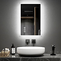 EMKE Bluetooth Bathroom Mirror with Shaver Socket, 400x600mm Blue Atmosphere Light Mirror with 2 Color, Dimmable, Demister