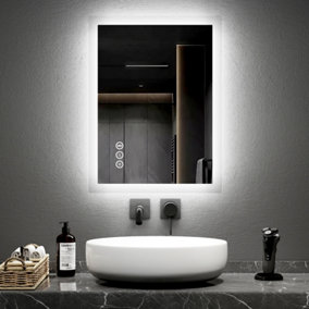 EMKE Bluetooth Bathroom Mirror with Shaver Socket, 450x600mm Blue Atmosphere Light Mirror with 2 Color, Dimmable, Demister