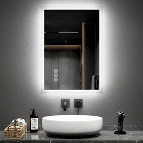 EMKE Bluetooth Bathroom Mirror with Shaver Socket, 500x700mm Blue Atmosphere Light Mirror with 2 Color, Dimmable, Demister