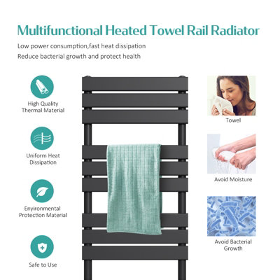 EMKE Central Heating Towel Rails Black Flat Panel Heated Towel Rail Radiator Ladder for Bathroom 1200 x 600 mm
