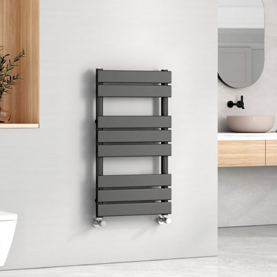 EMKE Central Heating Towel Rails Black Flat Panel Heated Towel Rail Radiator Ladder for Bathroom 800 x 450 mm