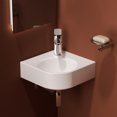 EMKE Ceramic Wash Basin for Small Cloakroom Bathroom, Corner Wash Basin Sink, Wall-Mounted Basin, 31.5x31.5x15.5cm