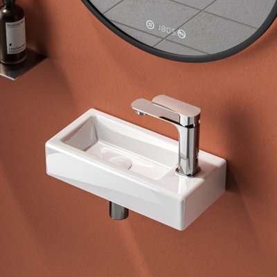 EMKE Ceramic Wash Basin for Small Cloakroom Bathroom, Rectangular Wash Basin Sink, Wall-Mounted Basin, 36.5x18x9cm Left Hand