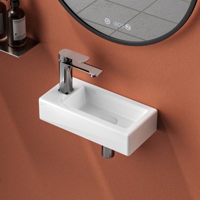 EMKE Ceramic Wash Basin for Small Cloakroom Bathroom, Rectangular Wash Basin Sink, Wall-Mounted Basin, 36.5x18x9cm Right Hand