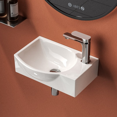 EMKE Ceramic Wash Basin for Small Cloakroom Bathroom, Semi arc Wash Basin Sink, Wall-Mounted Basin, 40.5x28x14cm Left Hand