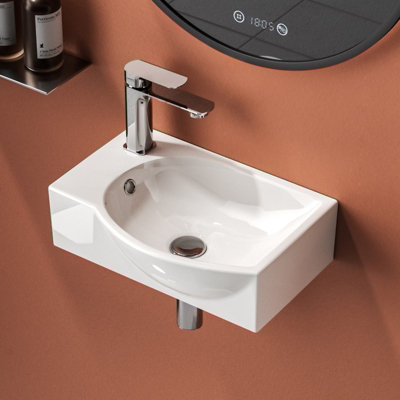 EMKE Ceramic Wash Basin for Small Cloakroom Bathroom, Semi arc Wash Basin Sink, Wall-Mounted Basin, 40.5x28x14cm Right Hand