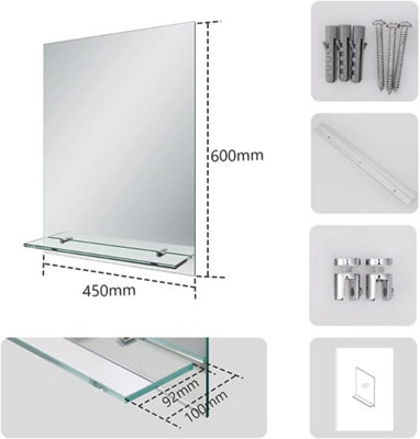 EMKE Frameless Mirror with Shelf - Small Bathroom Wall Shaving Mirror with Storage, Rectangle Vanity Mirrors 45x60cm