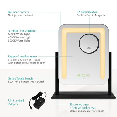 EMKE Hollywood Vanity LED Mirror with 7X Magnifier, 3 Color Lighting, Rotation, Adjust Brightness, 30x23cm, Black
