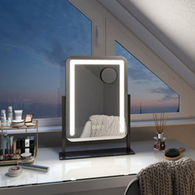 EMKE Hollywood Vanity LED Mirror with 7X Magnifier, 3 Color Lighting, Rotation, Adjust Brightness, 40x30cm, Black
