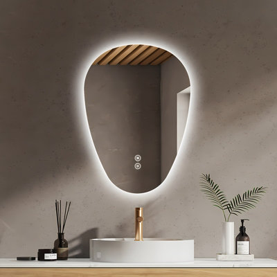 EMKE Illuminated Bathroom Mirror, Asymmetrical Mirror, Anti-Fog, Touch Switch, 3 Light Colors Dimmable, 600 x 450 mm