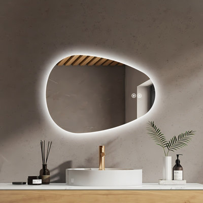 EMKE Illuminated Bathroom Mirror, Asymmetrical Mirror, Anti-Fog, Touch Switch, 3 Light Colors Dimmable, 600 x 450 mm