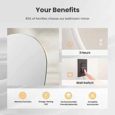 EMKE Illuminated Bathroom Mirror, Asymmetrical Mirror, Anti-Fog, Touch Switch, 3 Light Colors Dimmable, 600 x 450 mm