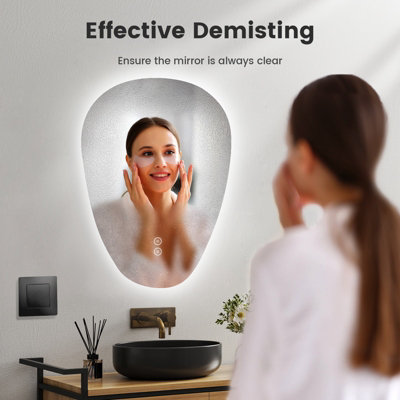 EMKE Illuminated Bathroom Mirror, Asymmetrical Mirror, Anti-Fog, Touch Switch, 3 Light Colors Dimmable, 600 x 450 mm