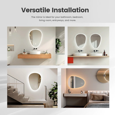 EMKE Illuminated Bathroom Mirror, Asymmetrical Mirror, Anti-Fog, Touch Switch, 3 Light Colors Dimmable, 600 x 450 mm