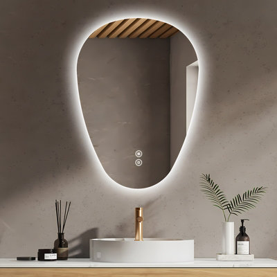 EMKE Illuminated Bathroom Mirror, Asymmetrical Mirror, Anti-Fog, Touch Switch, 3 Light Colors Dimmable, 700 x 500 mm