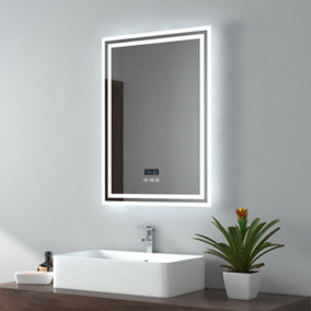 EMKE Illuminated Bluetooth Bathroom Mirror with Shaver Socket, 500x700MM Bathroom Mirror with Fuse, Demister, Clock