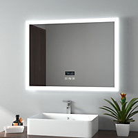 EMKE Illuminated Bluetooth Bathroom Mirror with Shaver Socket, 800x600mm Bathroom Mirror with Fuse, Demister, 3 Color