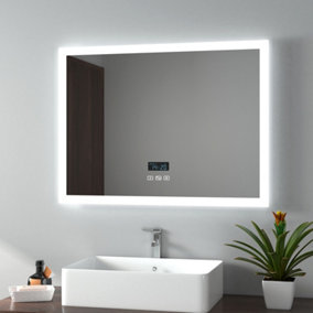 EMKE Illuminated Bluetooth Bathroom Mirror with Shaver Socket, 800x600mm Bathroom Mirror with Fuse, Demister, 3 Color