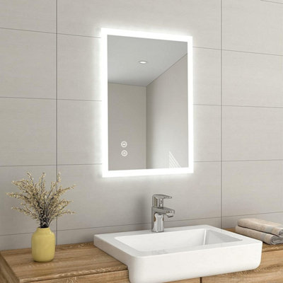 EMKE Illuminated Bluetooth Bathroom Mirror with Shaver Socket, Wall Mounted Mirror with Fuse & Demister, 500x700mm