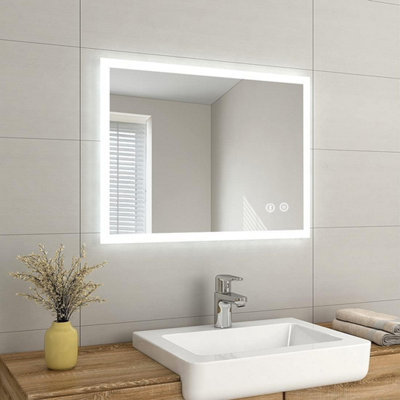 EMKE Illuminated Bluetooth Bathroom Mirror with Shaver Socket, Wall Mounted Mirror with Fuse & Demister, 600x800mm