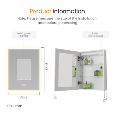 EMKE LED Bathroom Cabinet with Mirror 400x600mm Single Door with Shaver ...