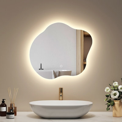 EMKE Led Bathroom Mirror 45x50cm Asymmetrical Mirror with Touch, Anti-Fog, Dimmable & 3 Colors, Vertical/Horizontal
