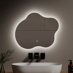 EMKE Led Bathroom Mirror 50x60cm Asymmetrical Mirror with Touch, Anti-Fog, Dimmable & 3 Colors, Vertical/Horizontal