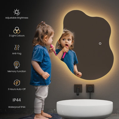 EMKE Led Bathroom Mirror 50x60cm Asymmetrical Mirror with Touch, Anti-Fog, Dimmable & 3 Colors, Vertical/Horizontal