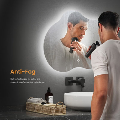 EMKE Led Bathroom Mirror 50x60cm Asymmetrical Mirror with Touch, Anti-Fog, Dimmable & 3 Colors, Vertical/Horizontal
