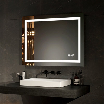 EMKE LED Bathroom Mirror Bluetooth Bathroom Mirror with Shaver Socket Dimmable Mirror with Demister, Fuse, 600x800mm