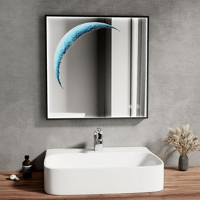 EMKE LED Illuminated Moon Art Mirror Square Bathroom Mirror with Dimmable LED Lights and Demister Pad, 600mm