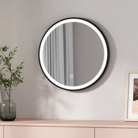 EMKE Round Bathroom LED Mirror Backlit Makeup Mirror with Touch, Leather, Dustproof, Black 500mm
