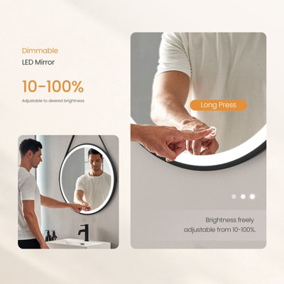 EMKE Round Bathroom LED Mirror Backlit Makeup Mirror with Touch, Leather, Dustproof, Black 500mm