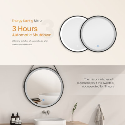 EMKE Round Bathroom LED Mirror Backlit Makeup Mirror with Touch, Leather, Dustproof, Black 500mm