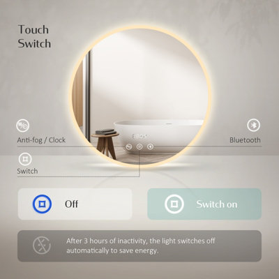 EMKE Round Bathroom LED Mirror with Bluetooth, 600mm LED Illuminated Mirror with Anti-Fog, Touch, Dimmable, Clock