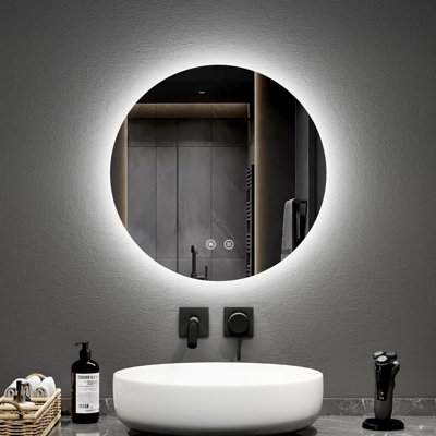 EMKE Round Bathroom Mirror with Led Lights, 500mm Wall Mounted Vanity ...