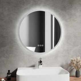 EMKE Round Bathroom Mirror with LED Lights 600MM Dimmable 3 Colours Illuminated Crystal Frame Fashion Defogging Mirror
