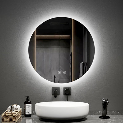 EMKE Round Bathroom Mirror with Led Lights, 600mm Wall Mounted Vanity ...