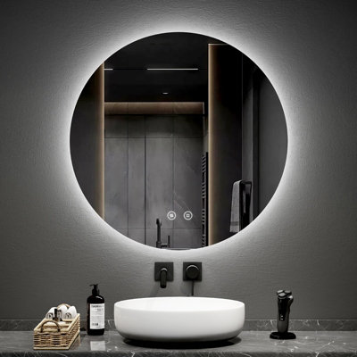 EMKE Round Bathroom Mirror with Led Lights, 800mm Wall Mounted Vanity ...