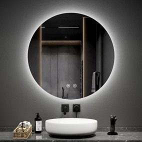 EMKE Round Bathroom Mirror with Led Lights, 800mm Wall Mounted Vanity Mirror with Touch, Demister and Memory Dimmable