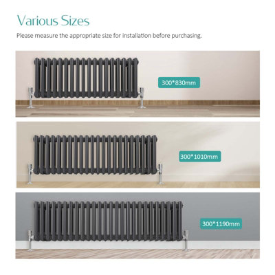 EMKE Traditional Cast Iron Style Anthracite 2 Column Horizontal Radiator Central Heating Rads 300x830mm