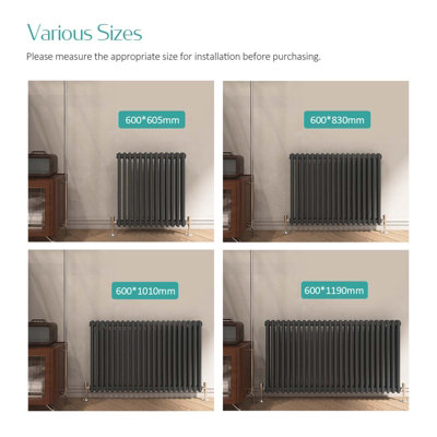 EMKE Traditional Cast Iron Style Radiator Anthracite Central Heating Rads Horizontal 2 Column 600x1010mm