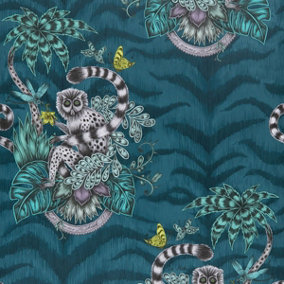 Emma J Shipley Animalia Lemur Wallpaper Navy W0103/03