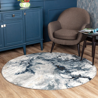 EMMA Round Abstract Modern Marble Dark Blue Area Rug 200 x 200 cm