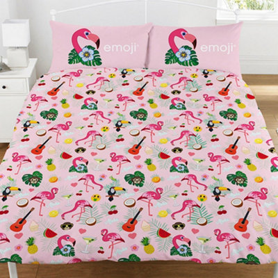 Emoji Official Flamingo Reversible Duvet and Pillowcase Set Pink/White (Double)