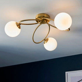 Emory Satin Brushed Gold and Opal Glass Shade Contemporary 3 Light Semi Flush Ceiling Light